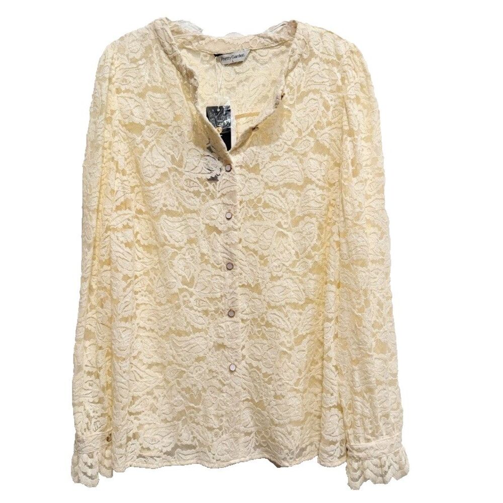 PrettyGarden L  Floral Lace Blouse Top Long Sleeve Button Cottagecore NWT Mesh